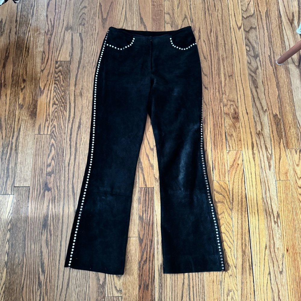 Black Suede Flare Pants with Studded Details